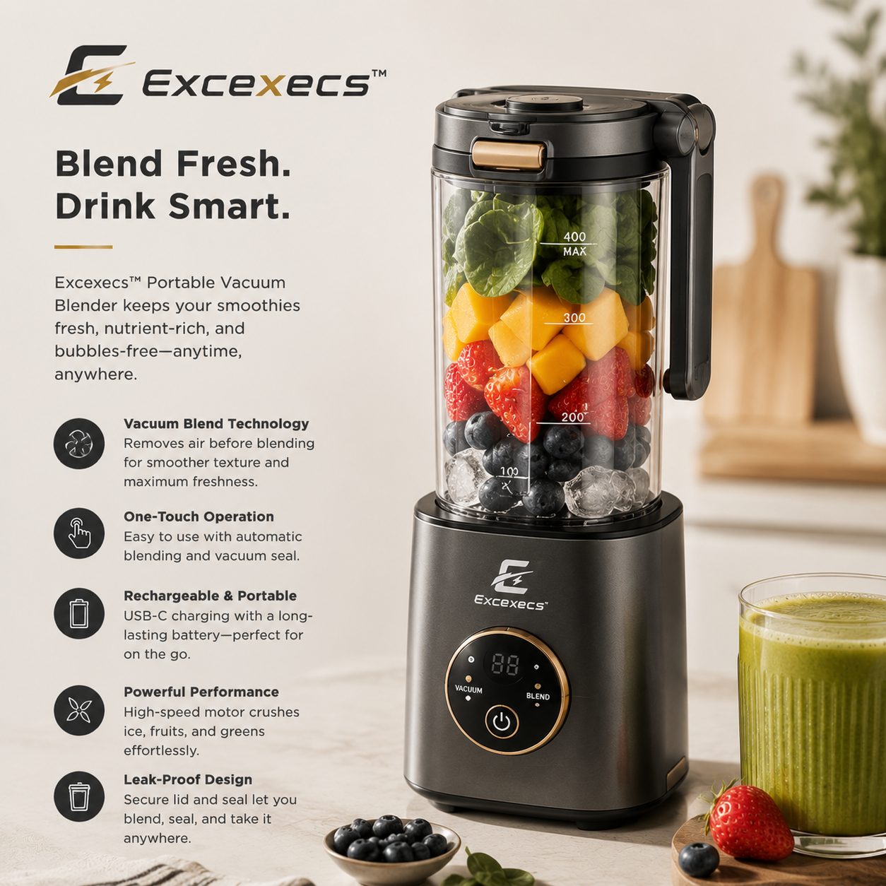 Excexecs™ VitaVac PulseBlend Portable Vacuum Blender Pro